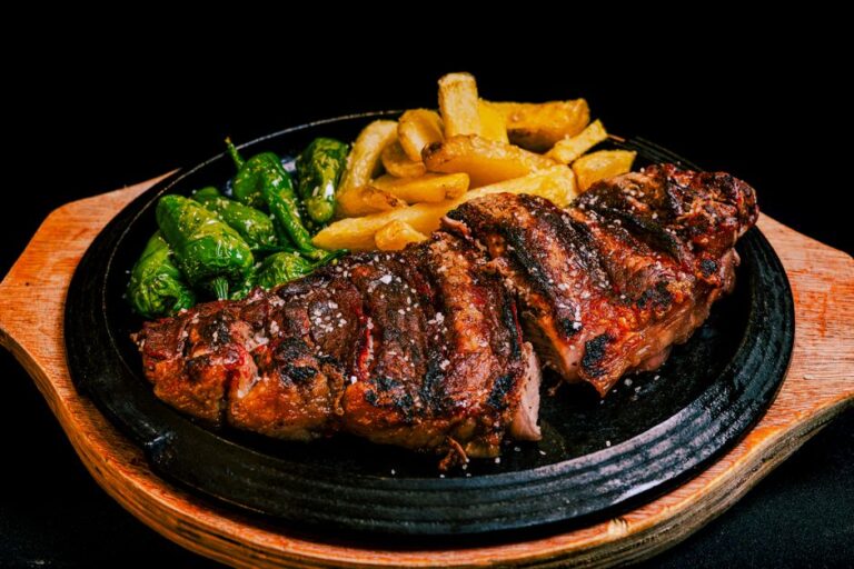 A grilled steak plated at a restaurant