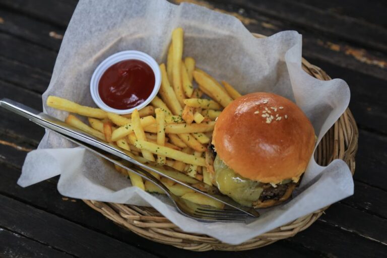 A cheeseburger with fries